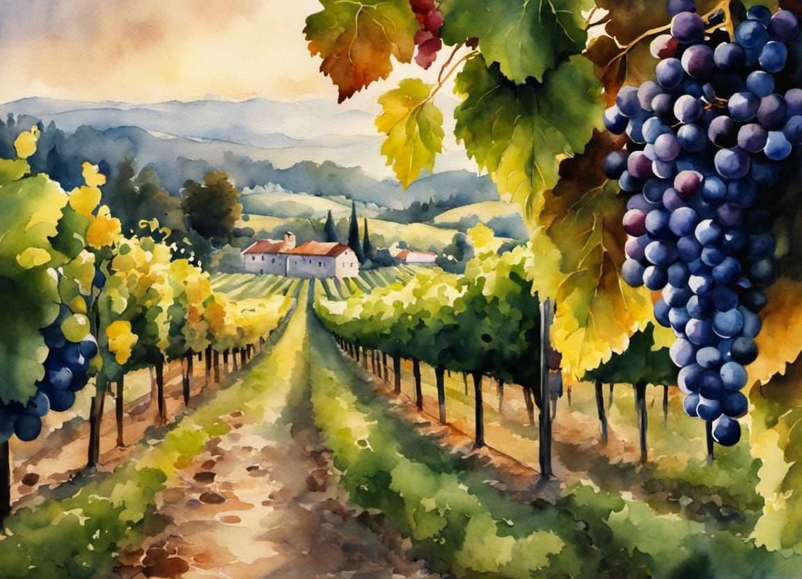 Picturesque Vineyard in Watercolor Gouache Style