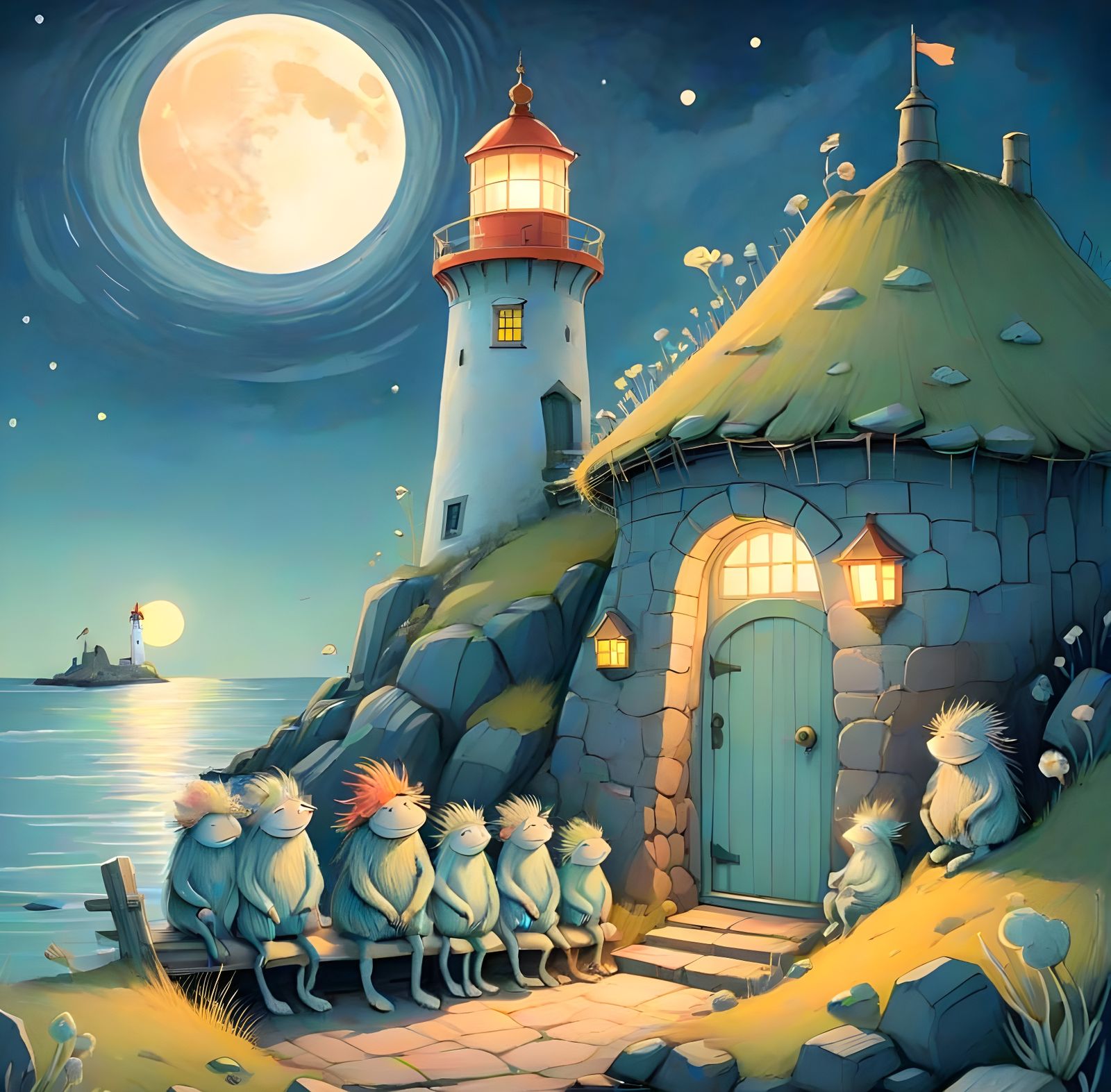 Whimsical Trolls at Lighthouse Doorway in Tove Jansson Style