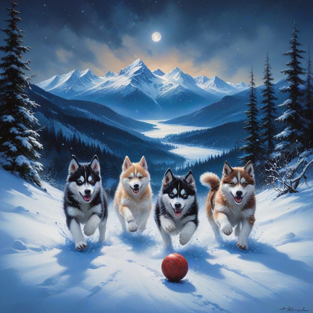 Husky Pups Playfully Chase Ball in Snowy Mountains