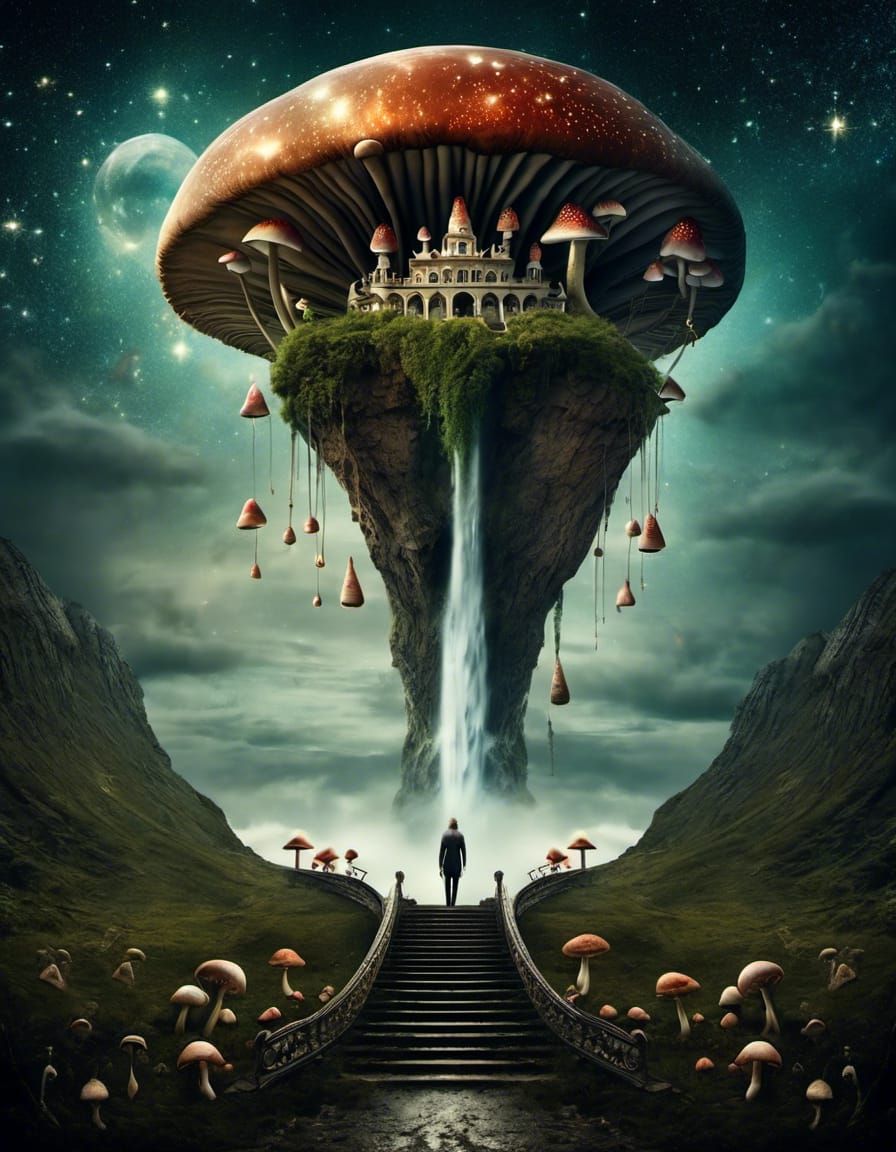 Surreal Waterfall Climbs to Mushroom Galaxy