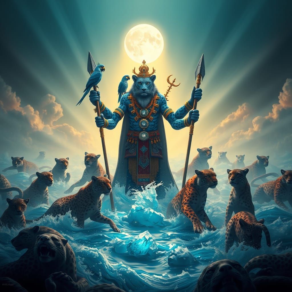 Blue Leopard Shaman in a Dreamlike Flood