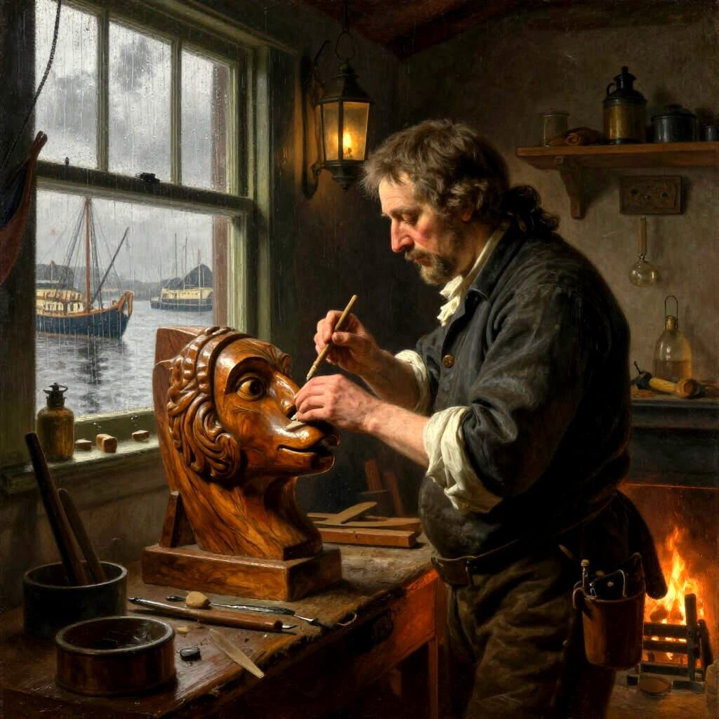 19th Century Craftsman Carving Figurehead in Lantern-Lit Wor...