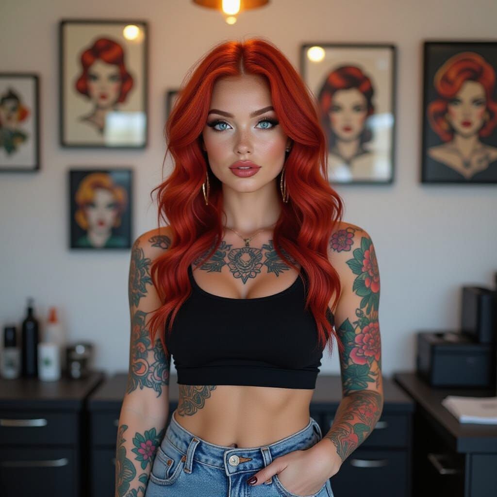 Red-Haired Tattooed Woman in Hyper-Realism Style