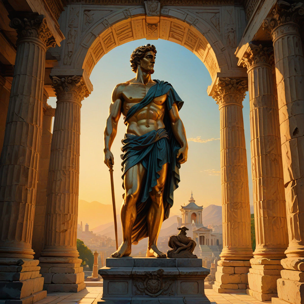 Epic Hero Statue in Ancient Temple