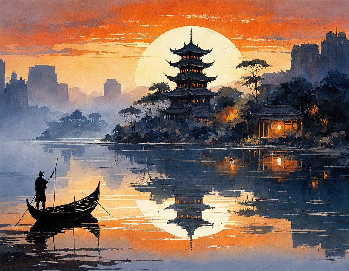 Surreal Oriental Ruins Reflected in Sunset Lake