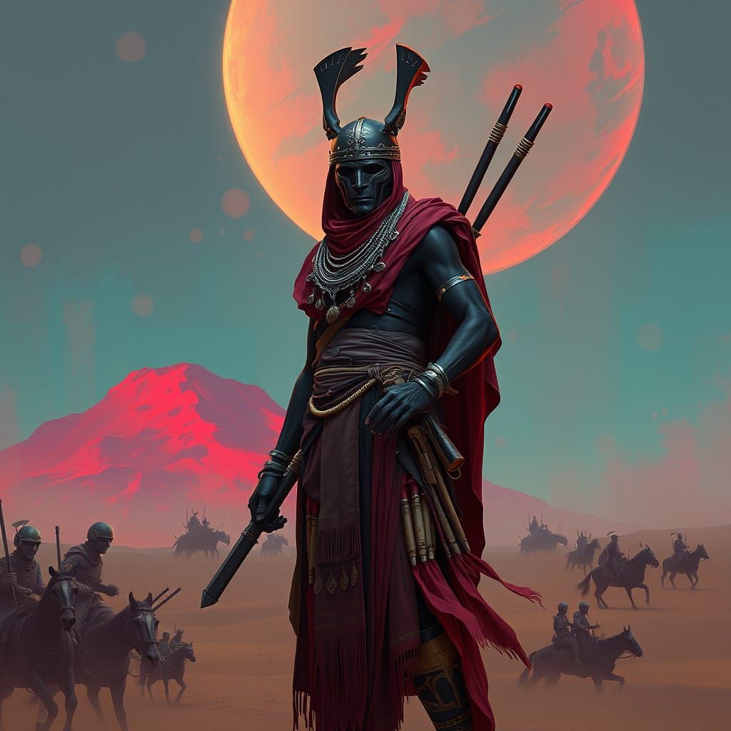 Afrofuturist Masai Warrior in Cyberpunk Desert Outpost