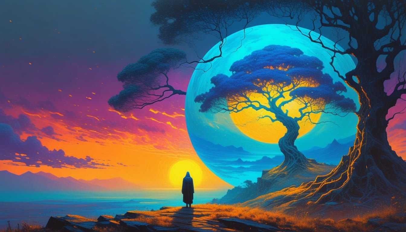 Magical Tree in Crystalline Sphere: Fauvist Oil Painting