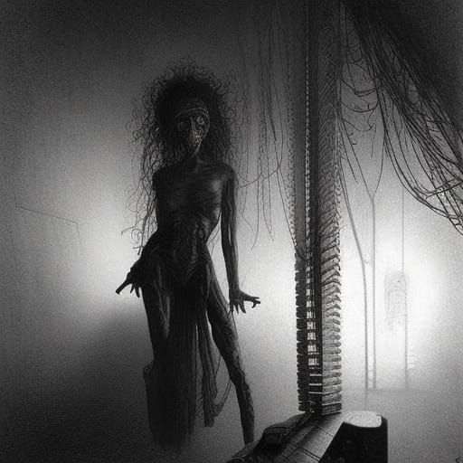 Surreal Horror Girl Working on Machine in Ito Style