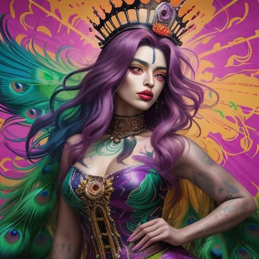 Peacock Woman Portrait in Vibrant Graffiti Art Style