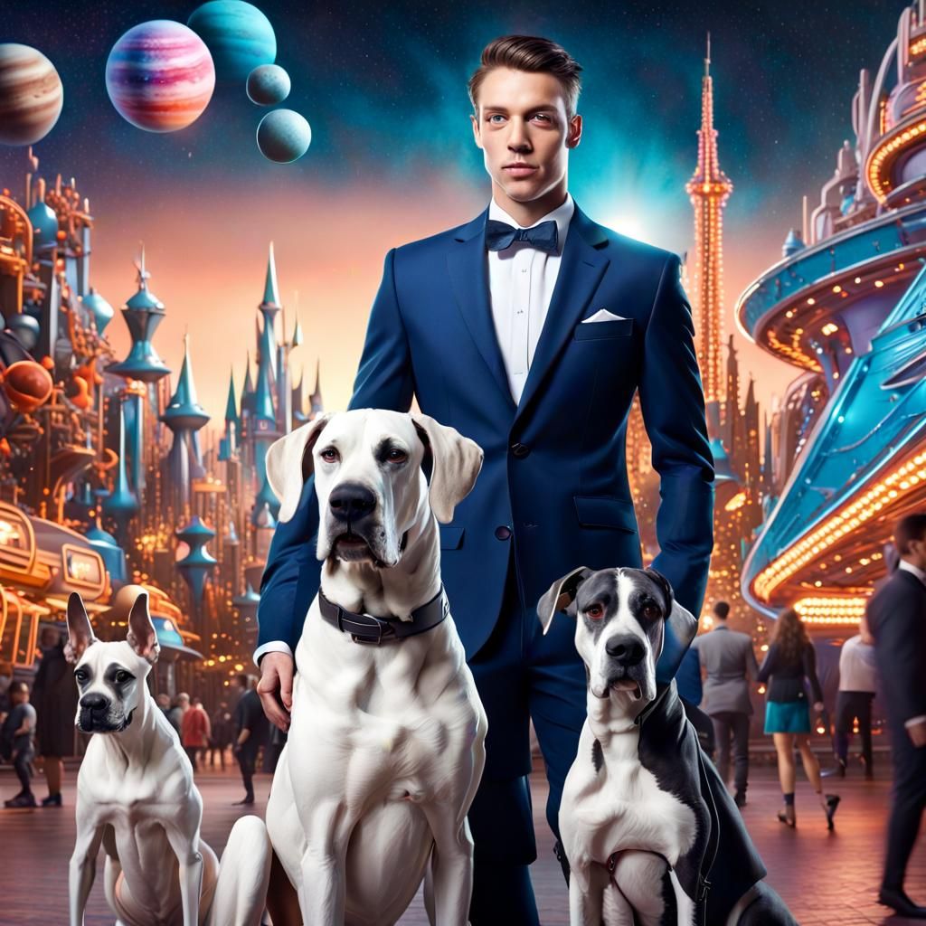 Man and Great Dane in Alien Theme Park