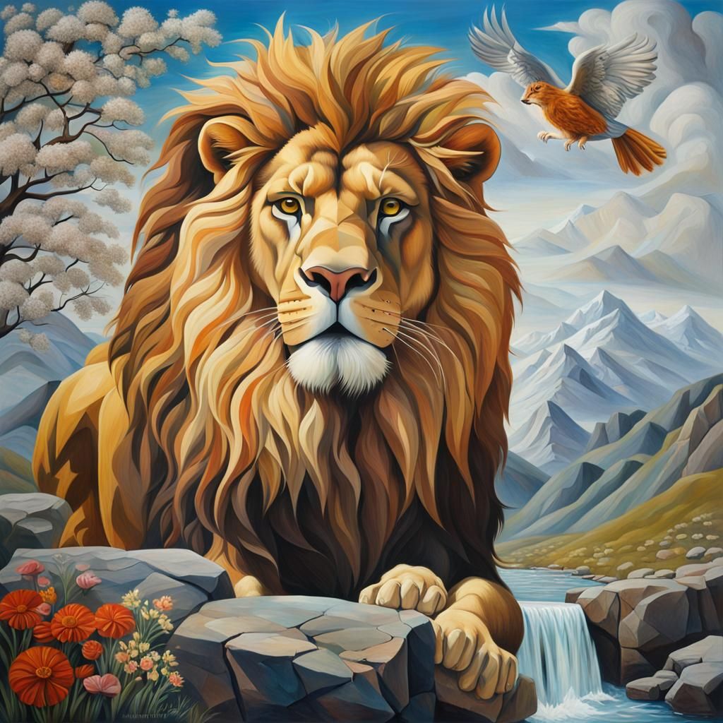 Aslan, the Lion King, in Hyperrealistic Cubism