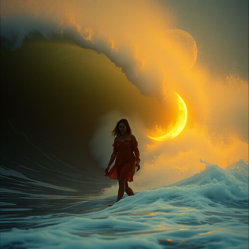 Ethereal Girl at the Edge of Dark Waves