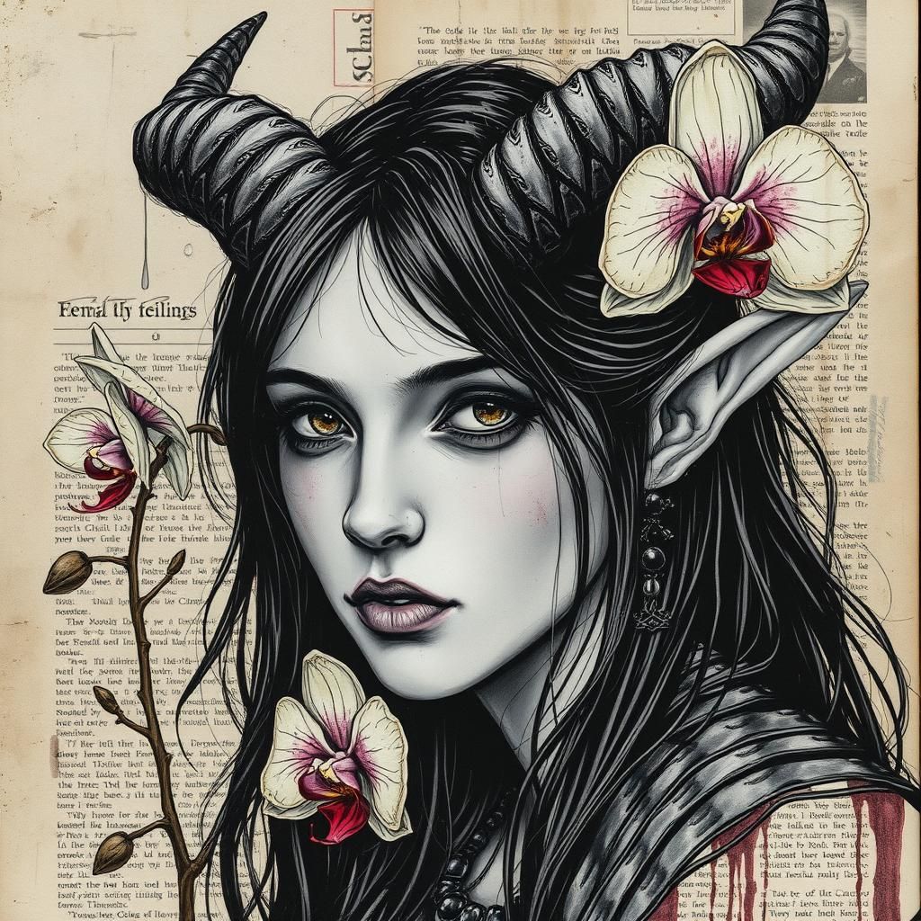 Tiefling Portrait: Mixed Media Collage with Horns