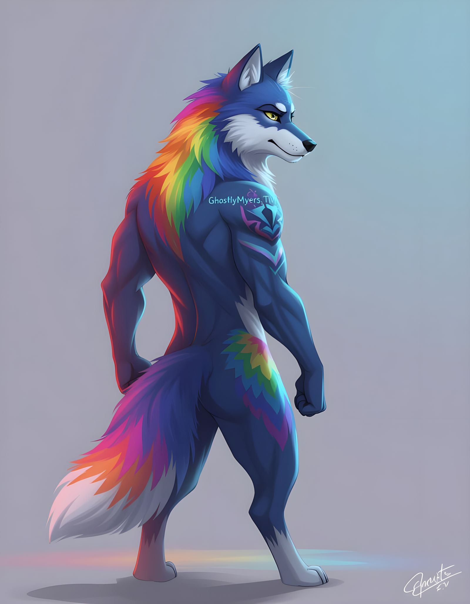 Proud Wolf Fursona with Rainbow and Blue Fur