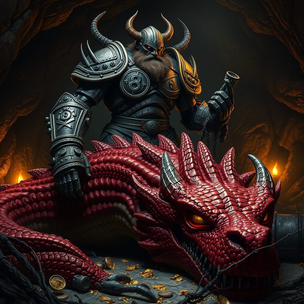Viking Robot Triumphs Over Red Dragon in Dark Cave of Gold