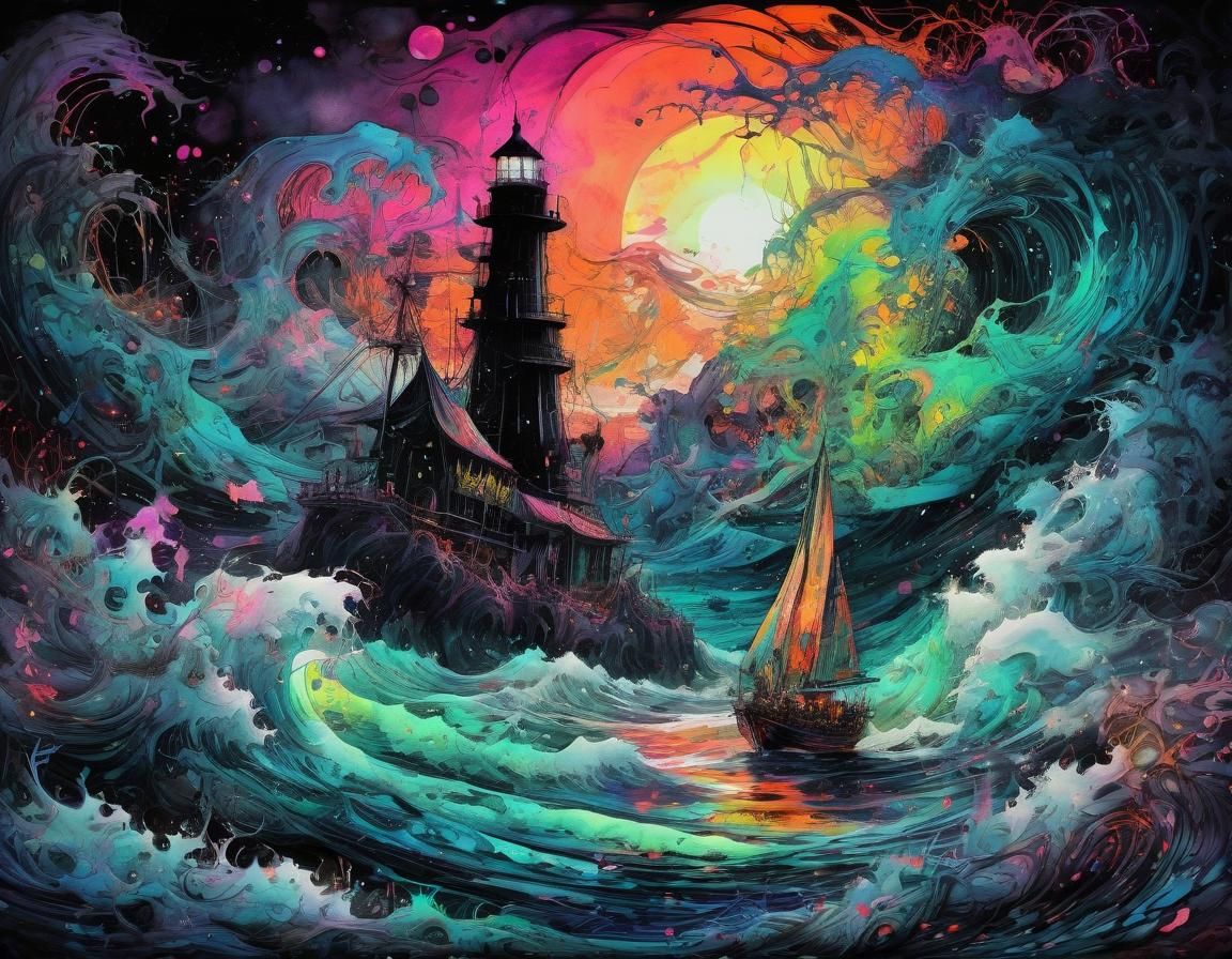 Fluorescent Seascape with Sailboat and Lighthouse