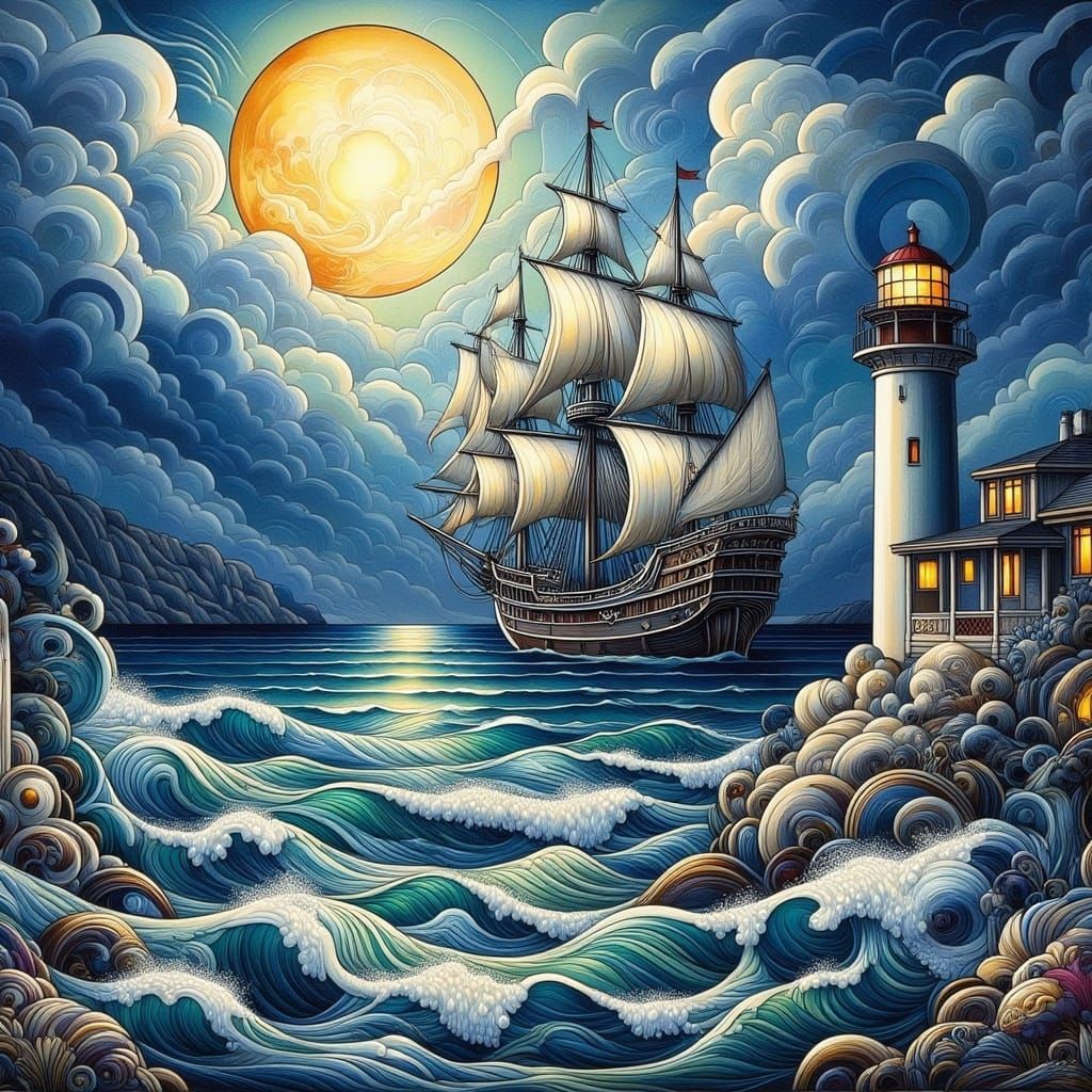 Pirate Ship on Rough Seas in Art Deco Nouveau Style