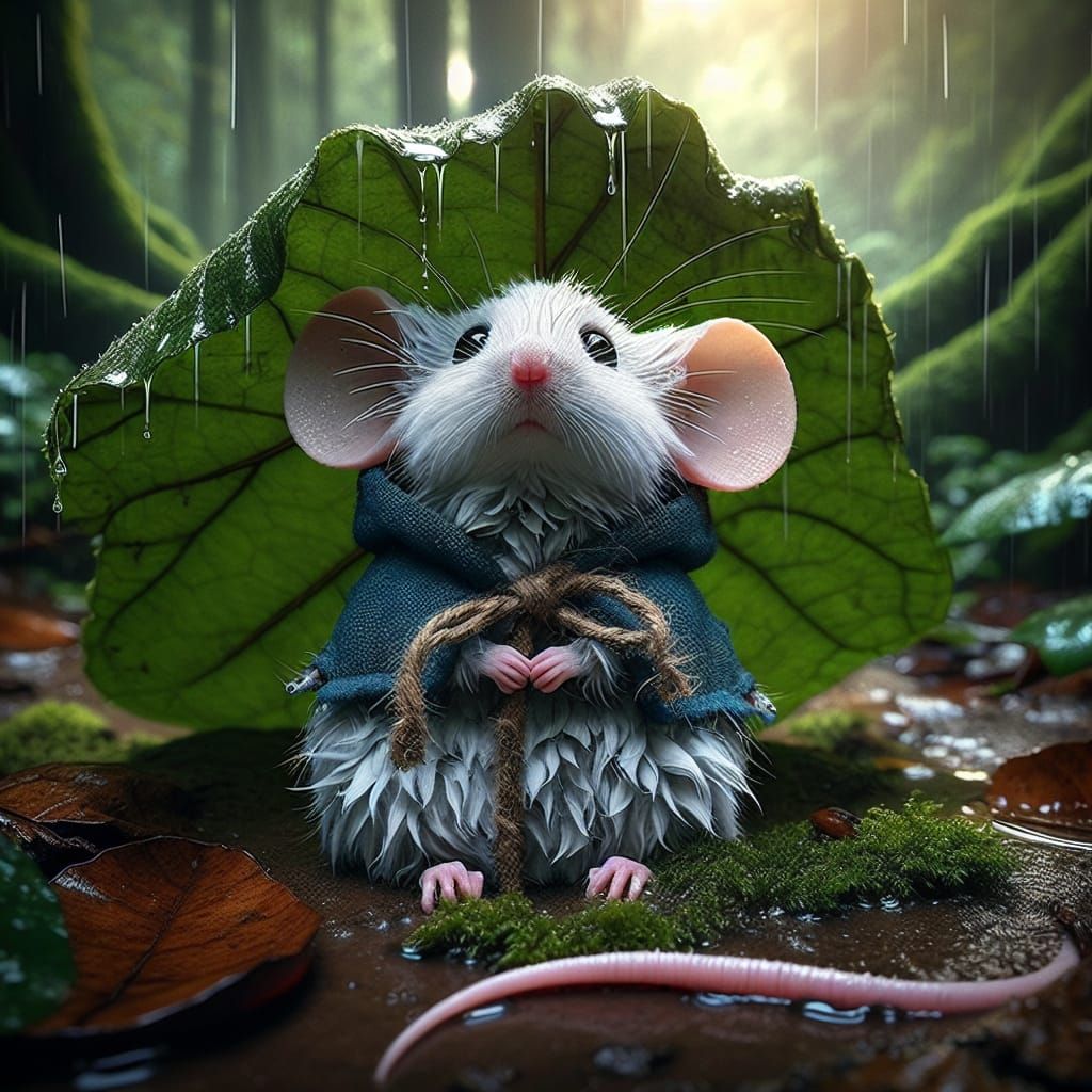 Mouse in Medieval Cloak Finds Shelter Under a Giant Leaf