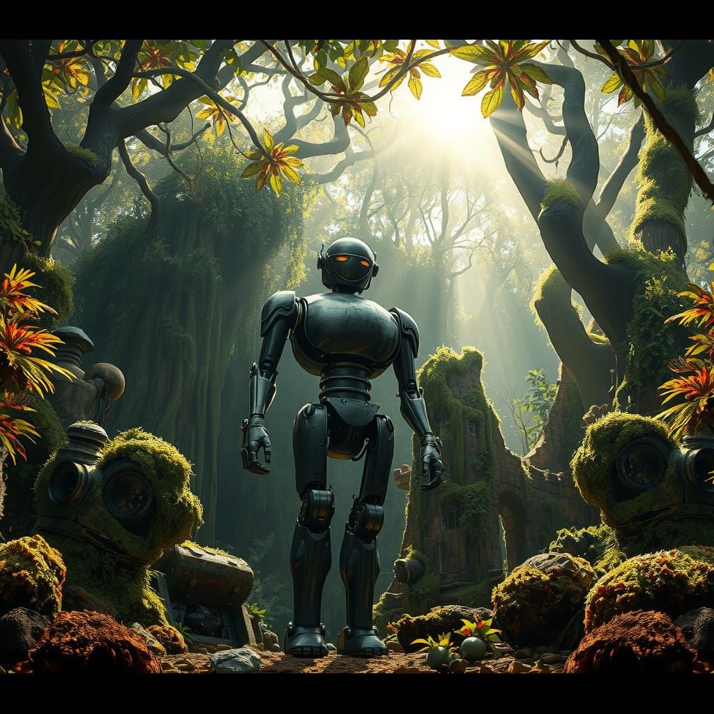 Weathered Automaton in Overgrown Alien Jungle Ruins
