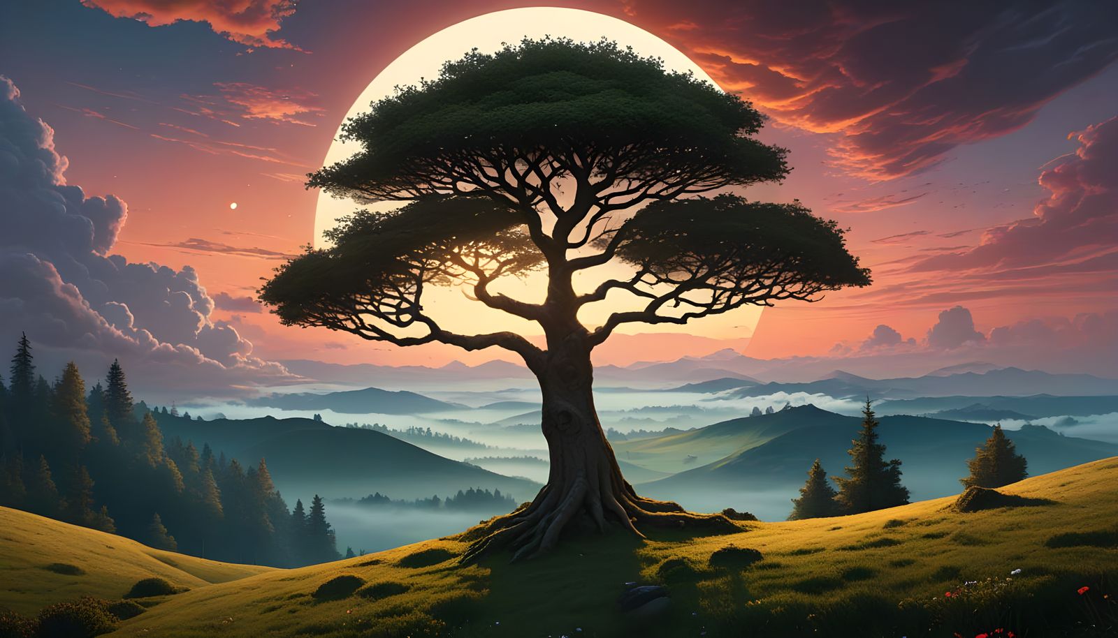 Yggdrasil World Tree Piercing Clouds: Digital Art