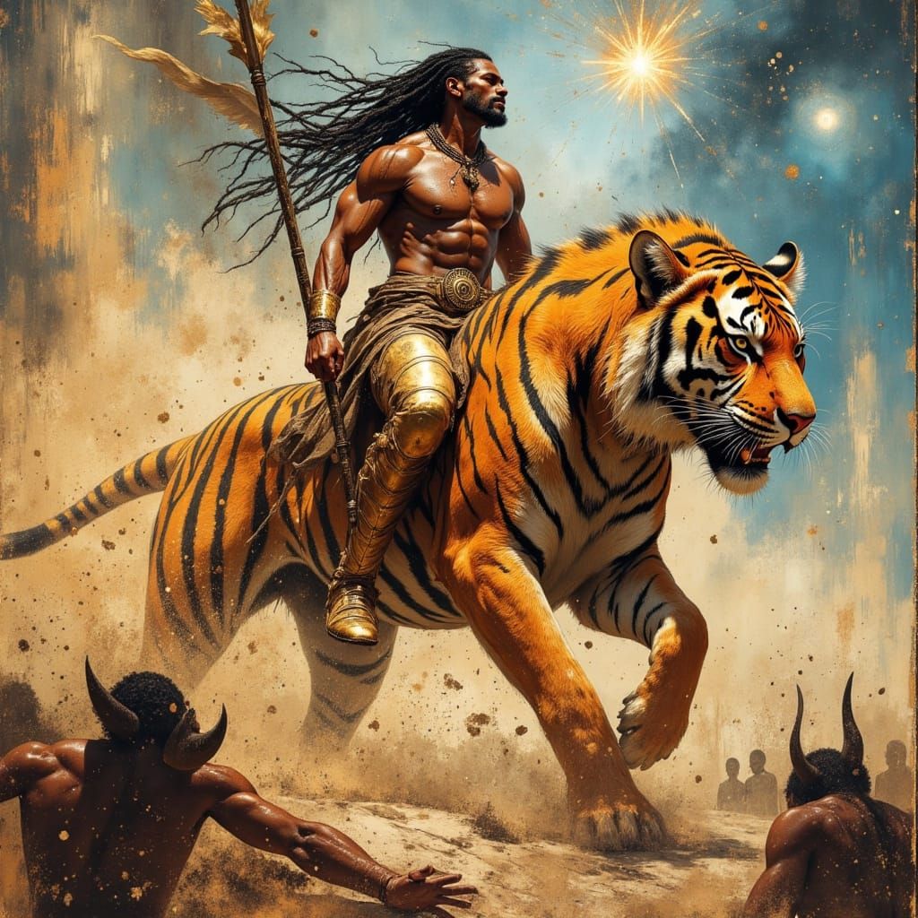 Warrior God Rides Tiger on Chaotic Battlefield