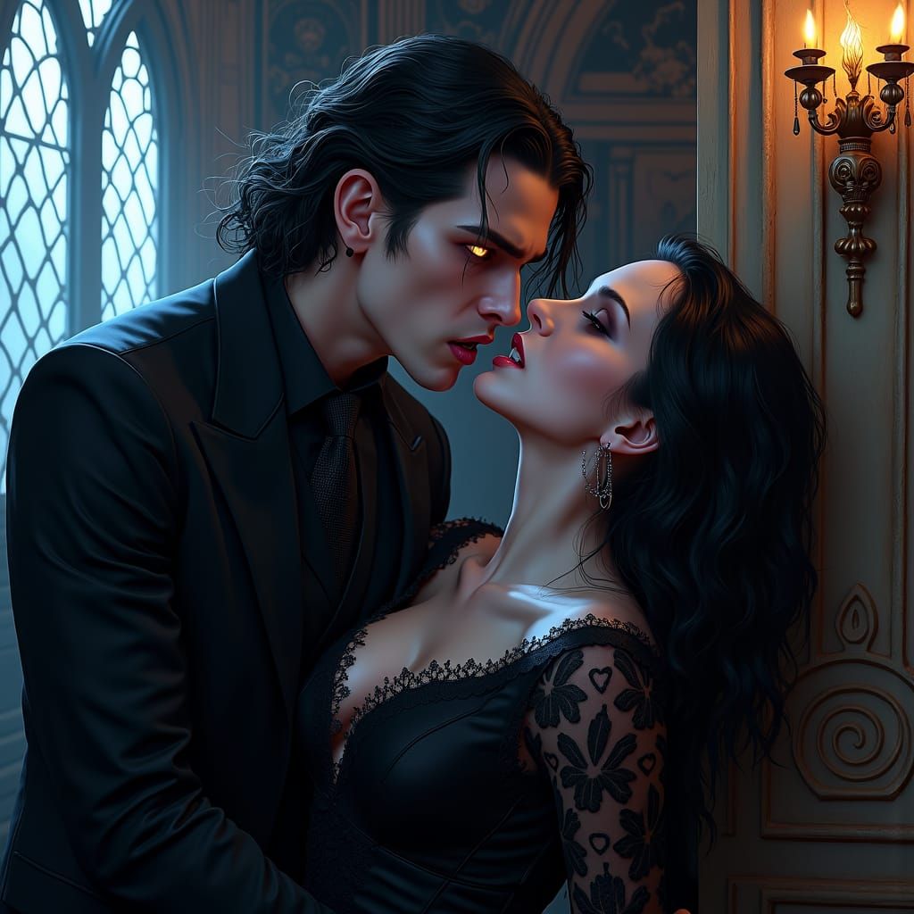 Gothic Vampire About to Bite Woman's Neck