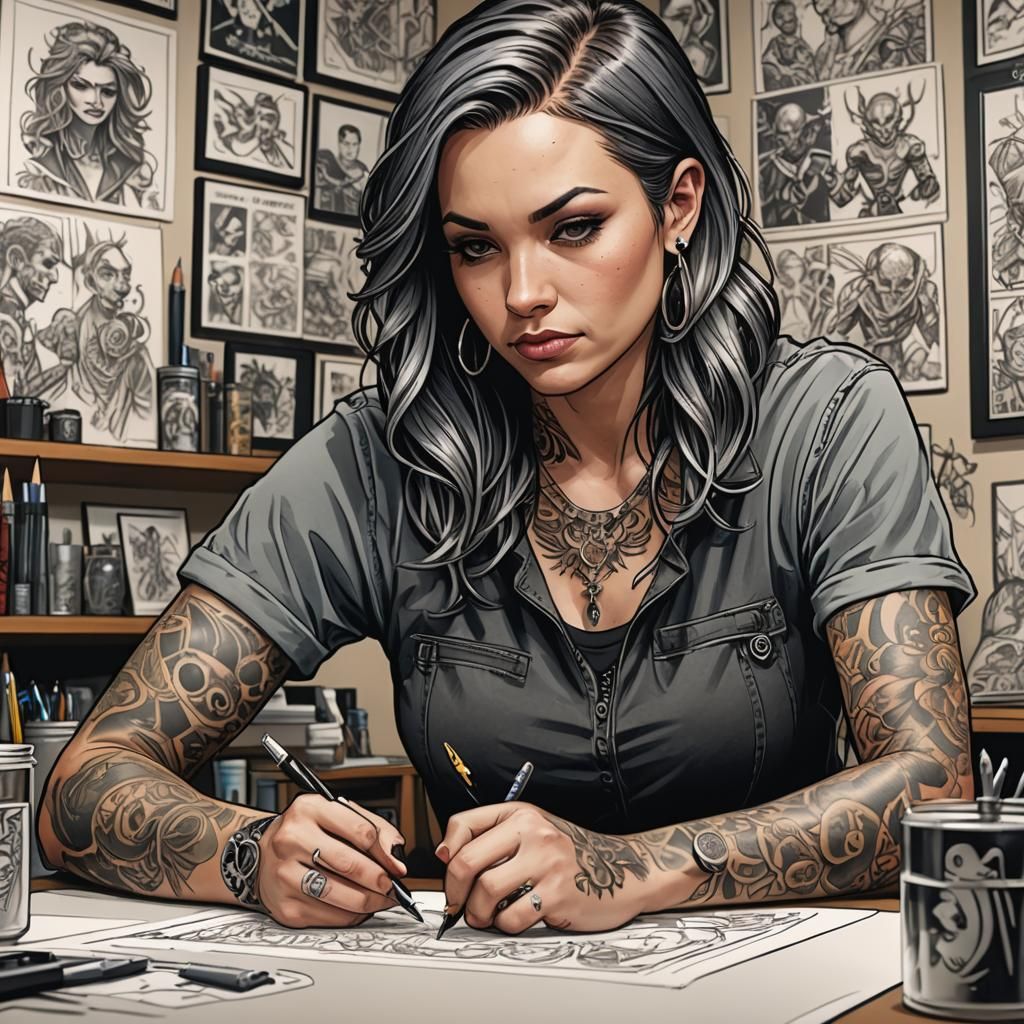 Tattoo Artist Sketching in Comic Book Style