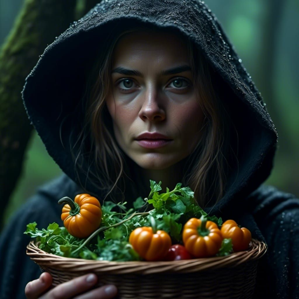 Woman in Cloak Holding Food Basket, Bioluminescent Art