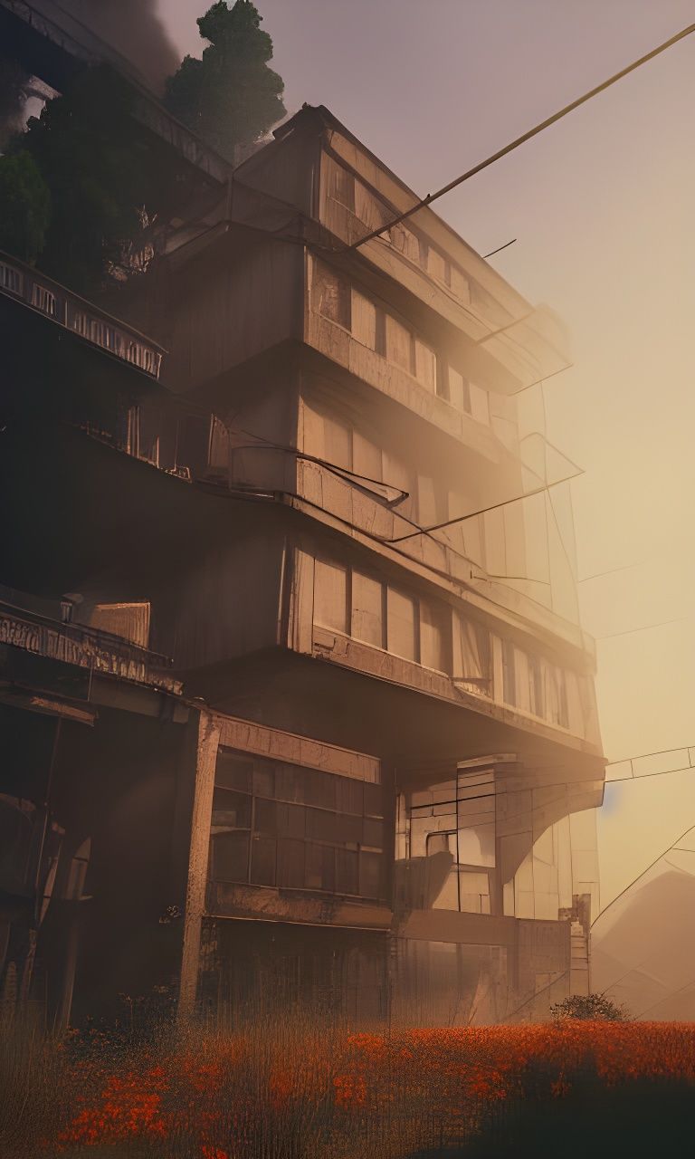 Burning Building Reclaimed by Nature in Post-Apocalyptic Sty...