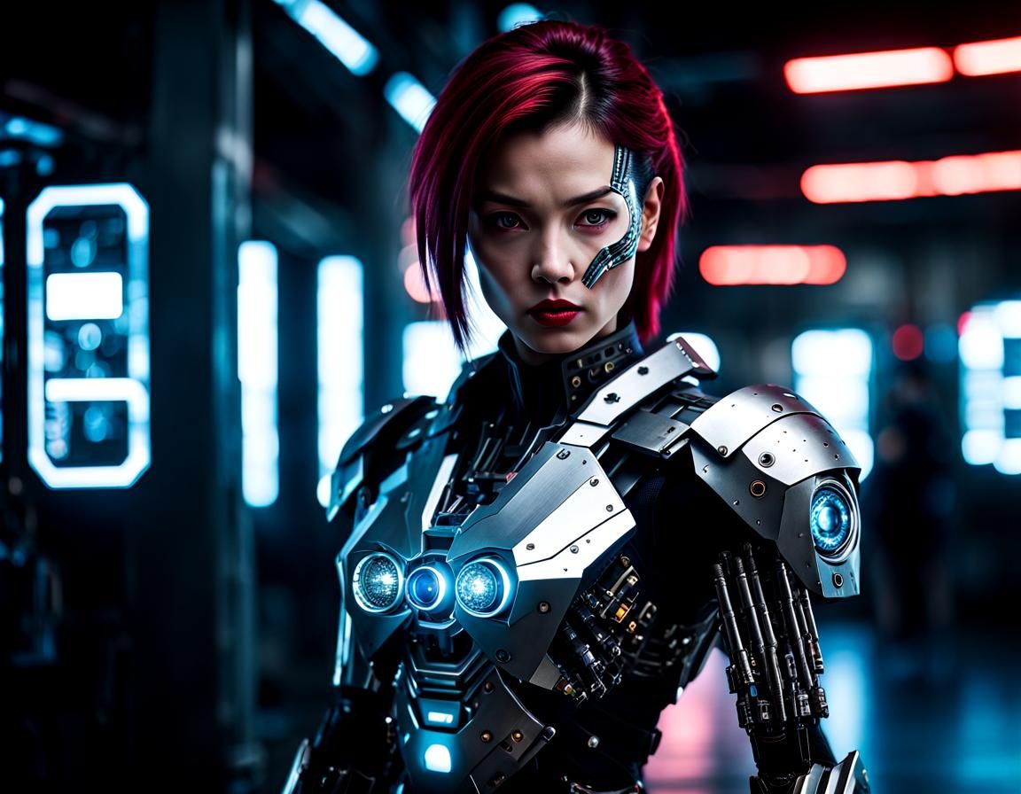 Cyberpunk Cyborg Bounty Hunter in Neon City