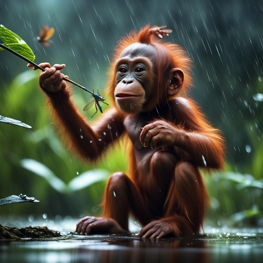 Stunning close up photography artwork of a baby orangutan pl...