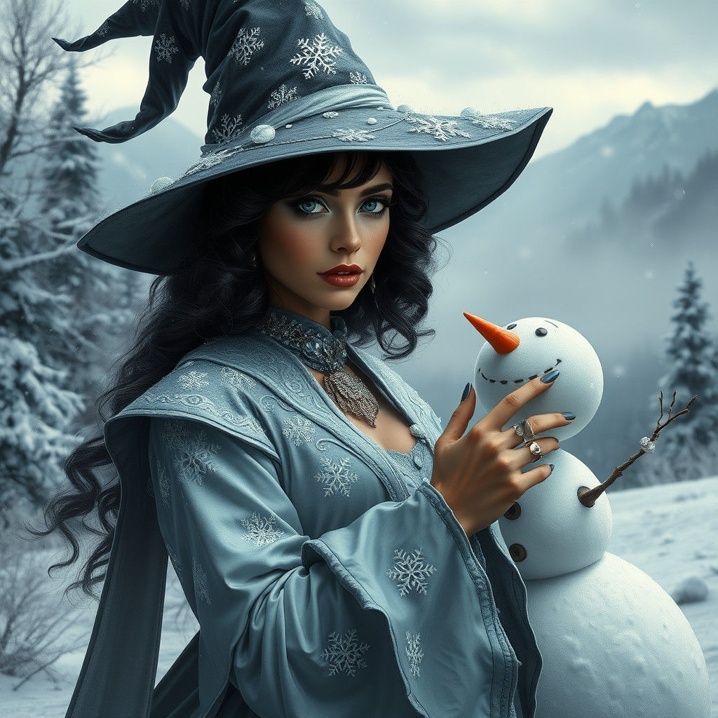 Snow Queen with Snowman in Fantasy Landscape