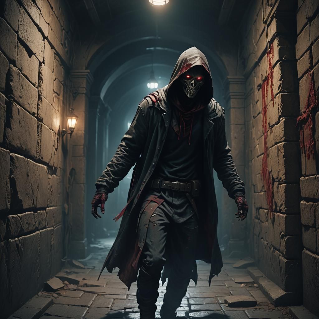 Eerie Hooded Figure in Dark Fantasy Asylum