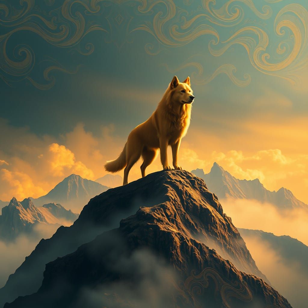 Surreal Golden Dog Reigns Over a Dreamlike Landscape