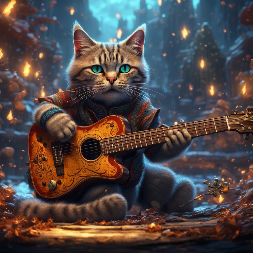 Realistic Cat Plays Guitar in Detailed Matte Painting