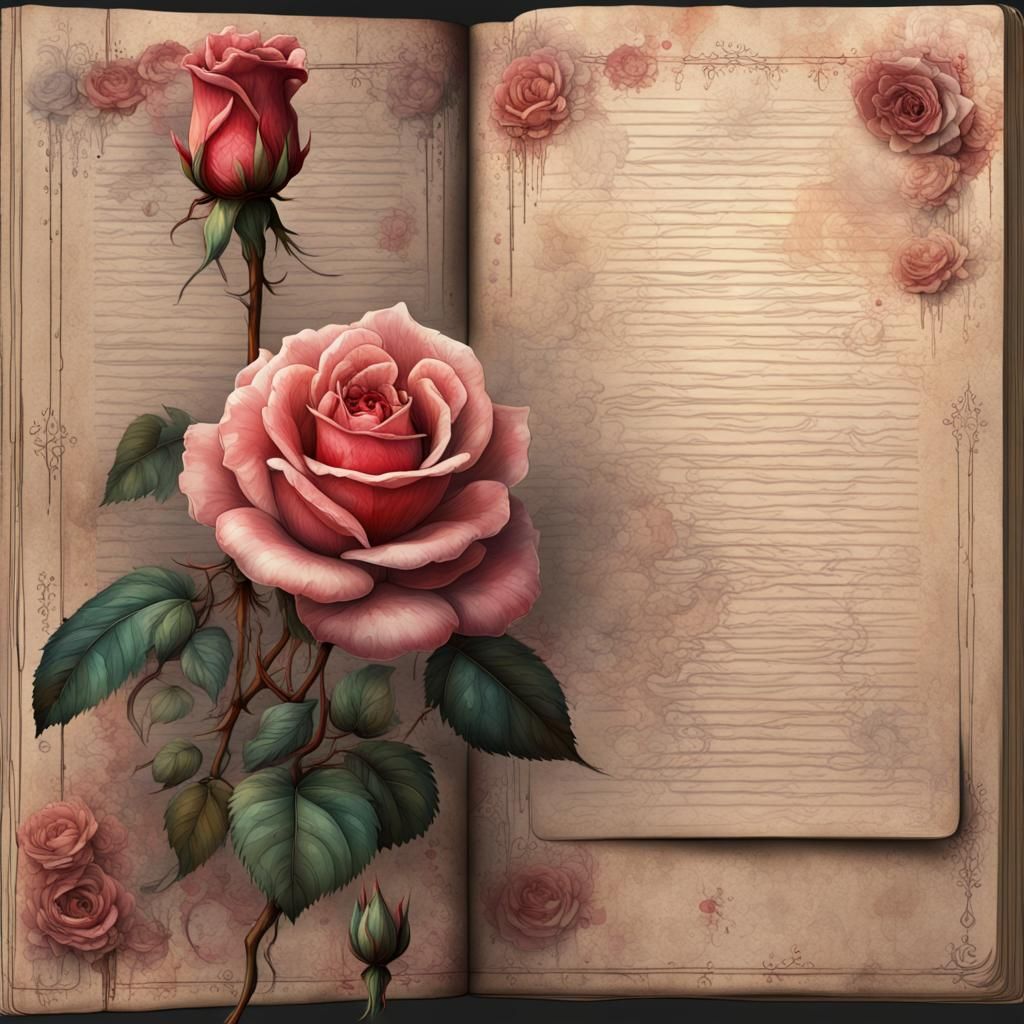Antique Roses with Journal Page Background in Watercolor