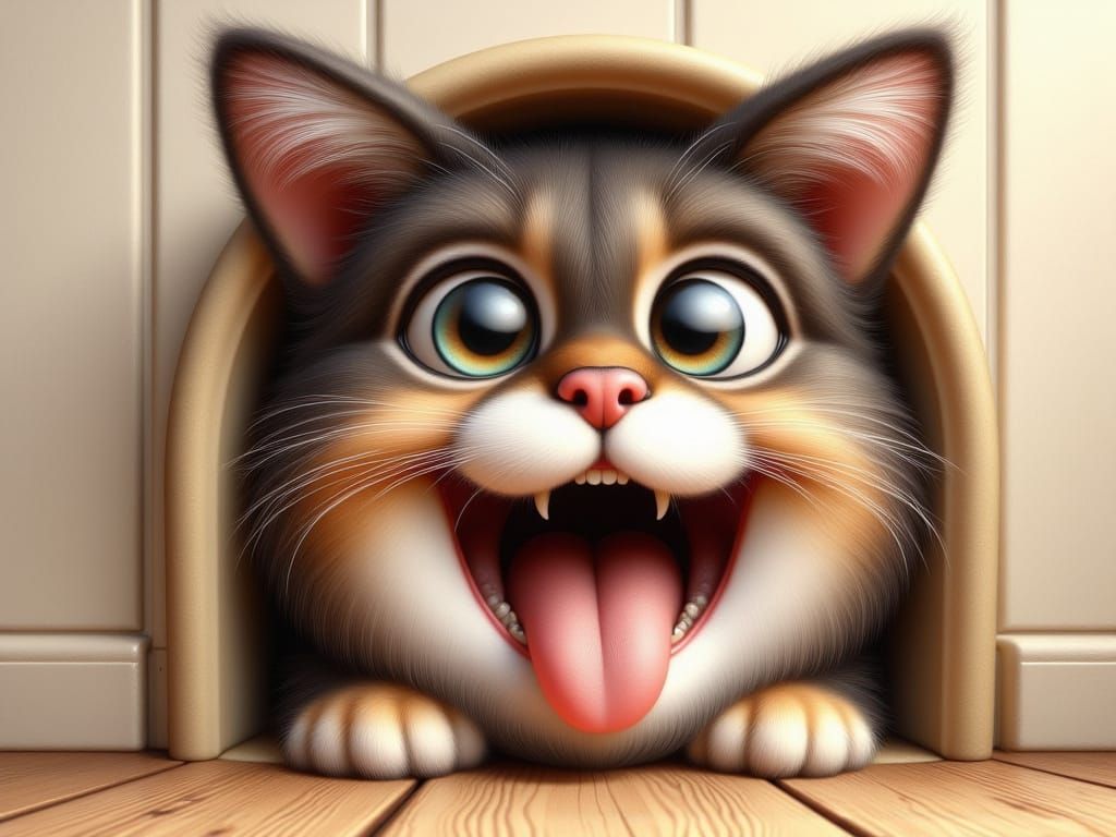 Cute Long Haired Cat Struggles Through Pet Door Cartoon