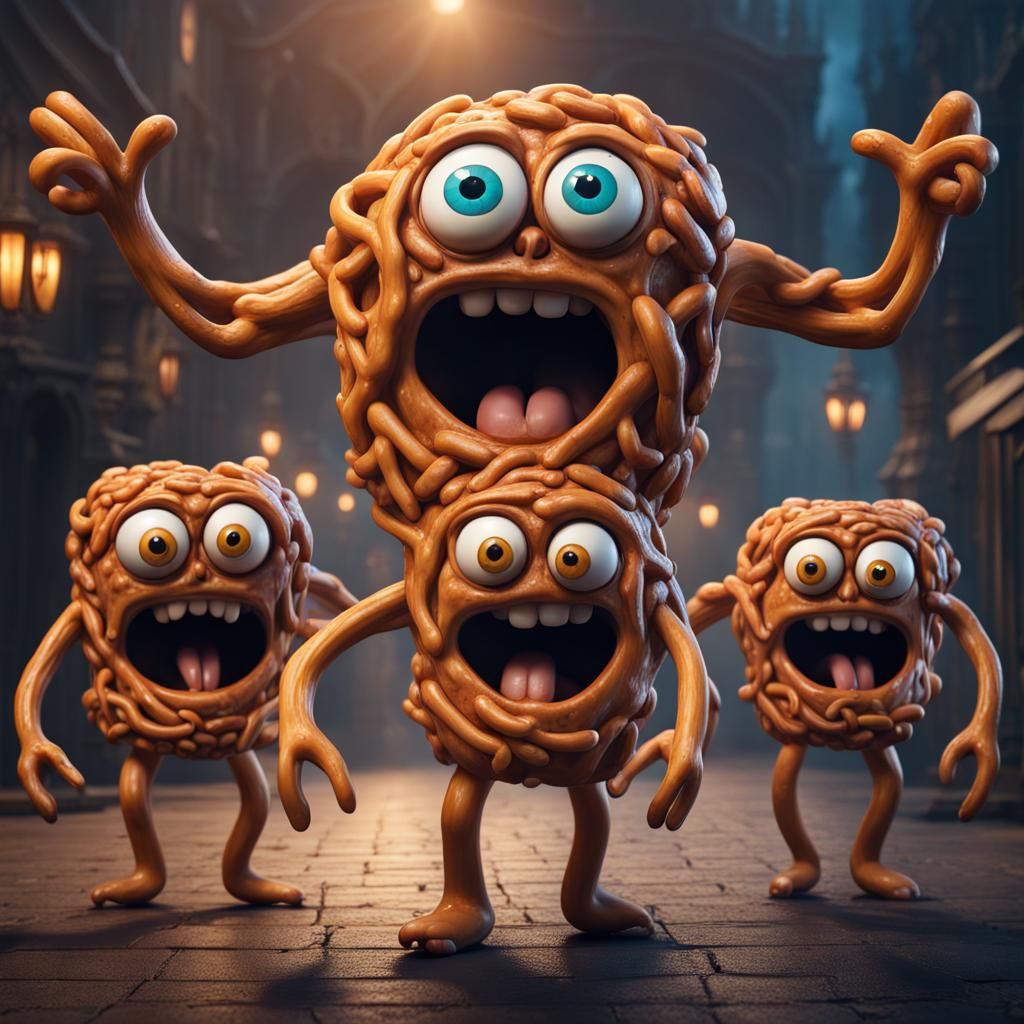 Screaming Pretzel People Cause Panic, Detailed Digital Art