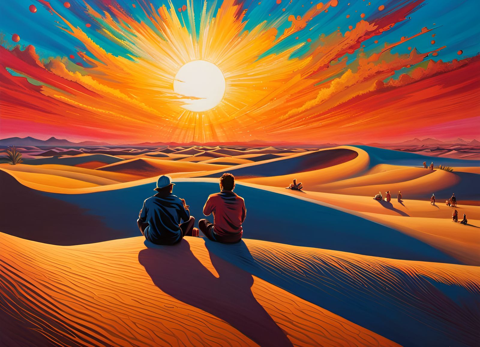 Colorful Desert Sunset Painting with Figures on Dune