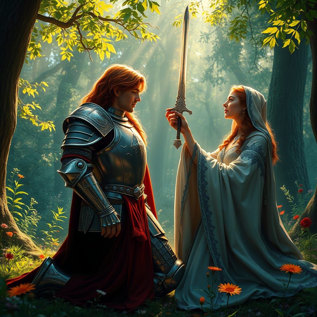 Ethereal Knight Bows to Radiant Queen in Enchanted Forest Gl...