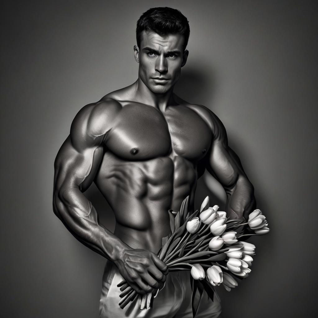 Striking Black and White Photo of Muscular Man with Tulips