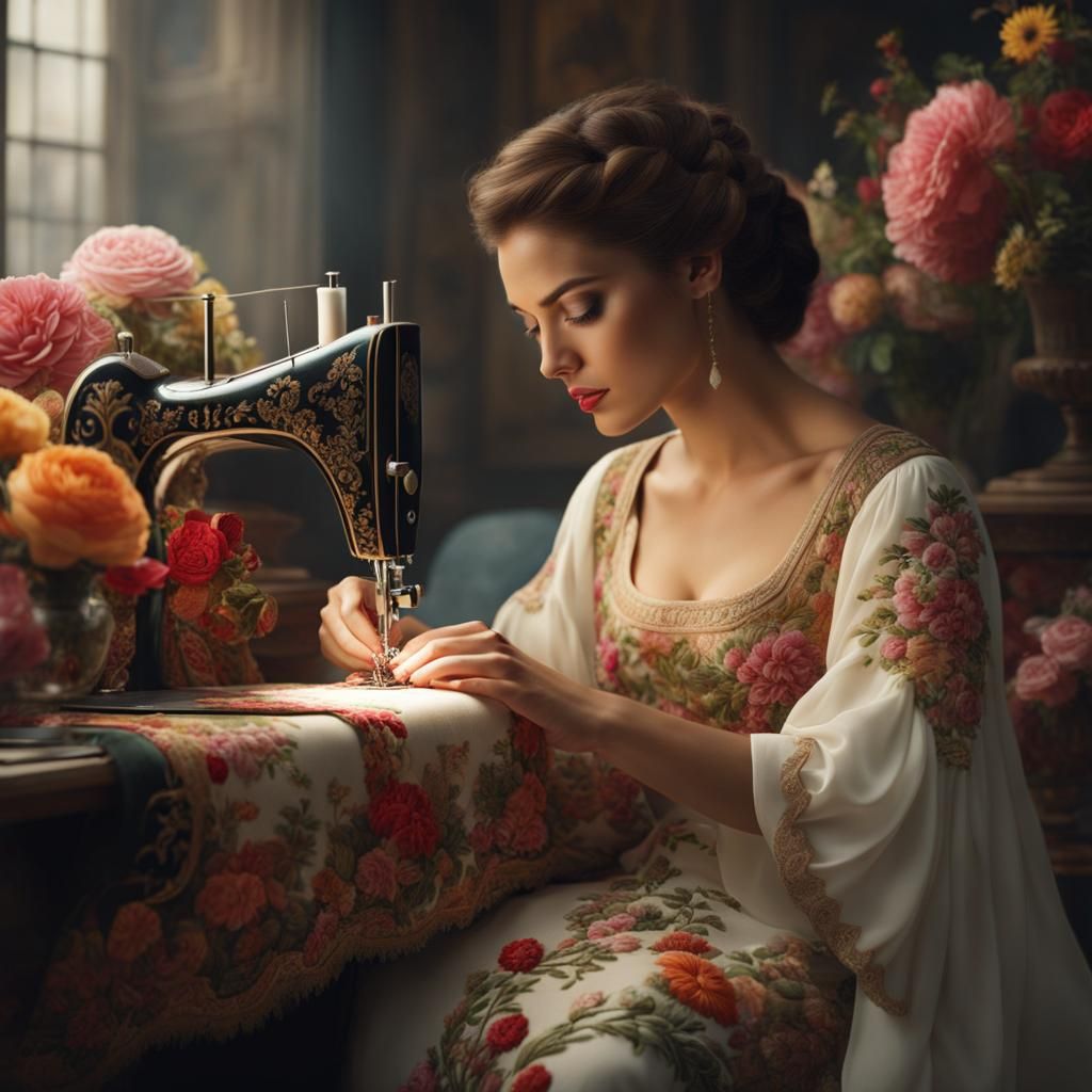 Woman Sewing Elaborate Floral Pattern