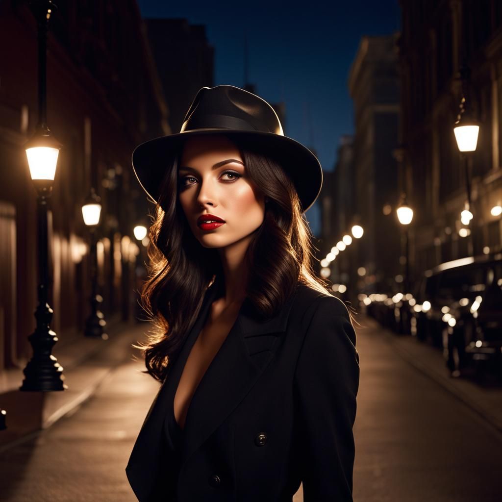 Brunette in Fedora: Night Street Scene
