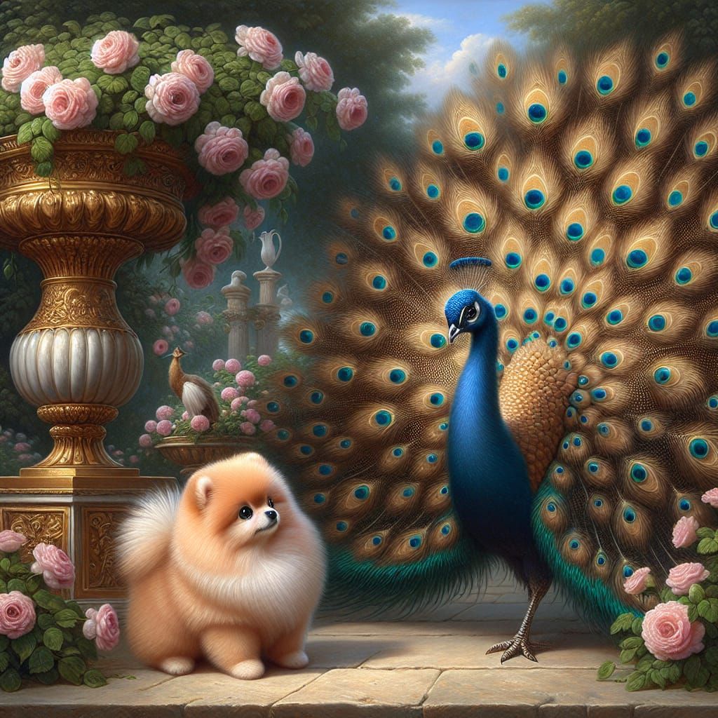 Pomeranian and Peacock in Elegant Oil Painting Style