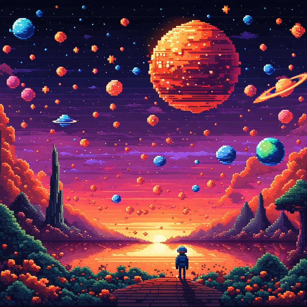 Colorful Pixel Art Galaxy with Neon Planets