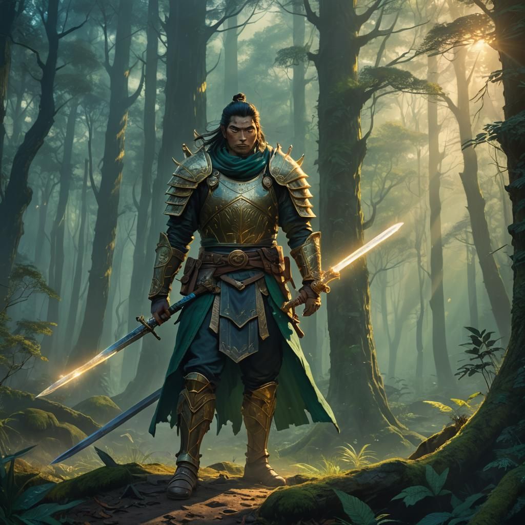 Mystical Warrior in Dark Forest: Oil Painting