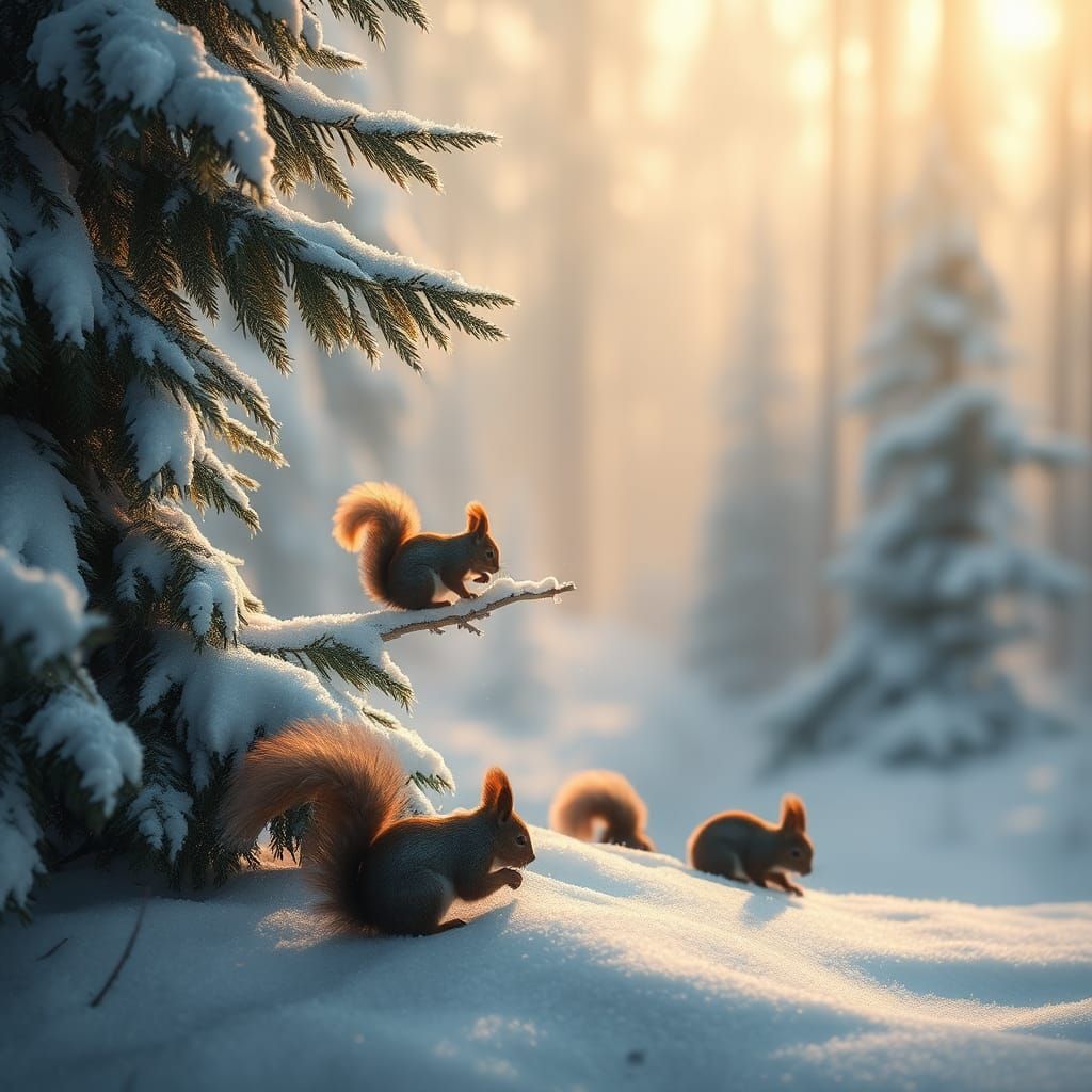 Winter Forest Squirrels in Hyperrealistic Style