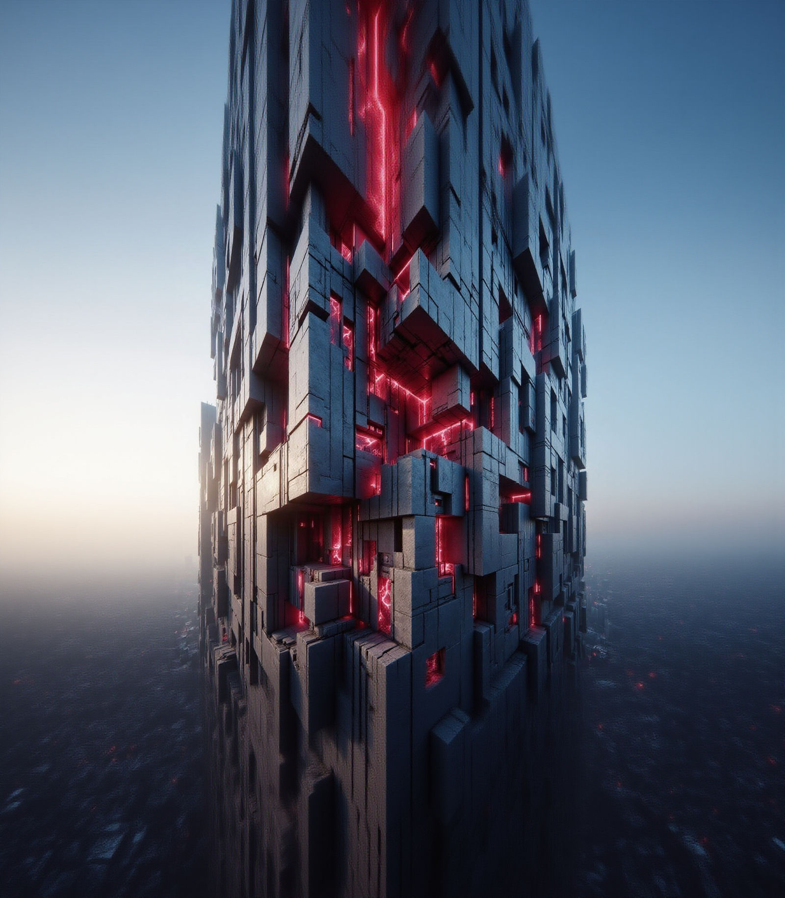 Towering Structure: Charcoal Stucco Meets Vibrant Bricks