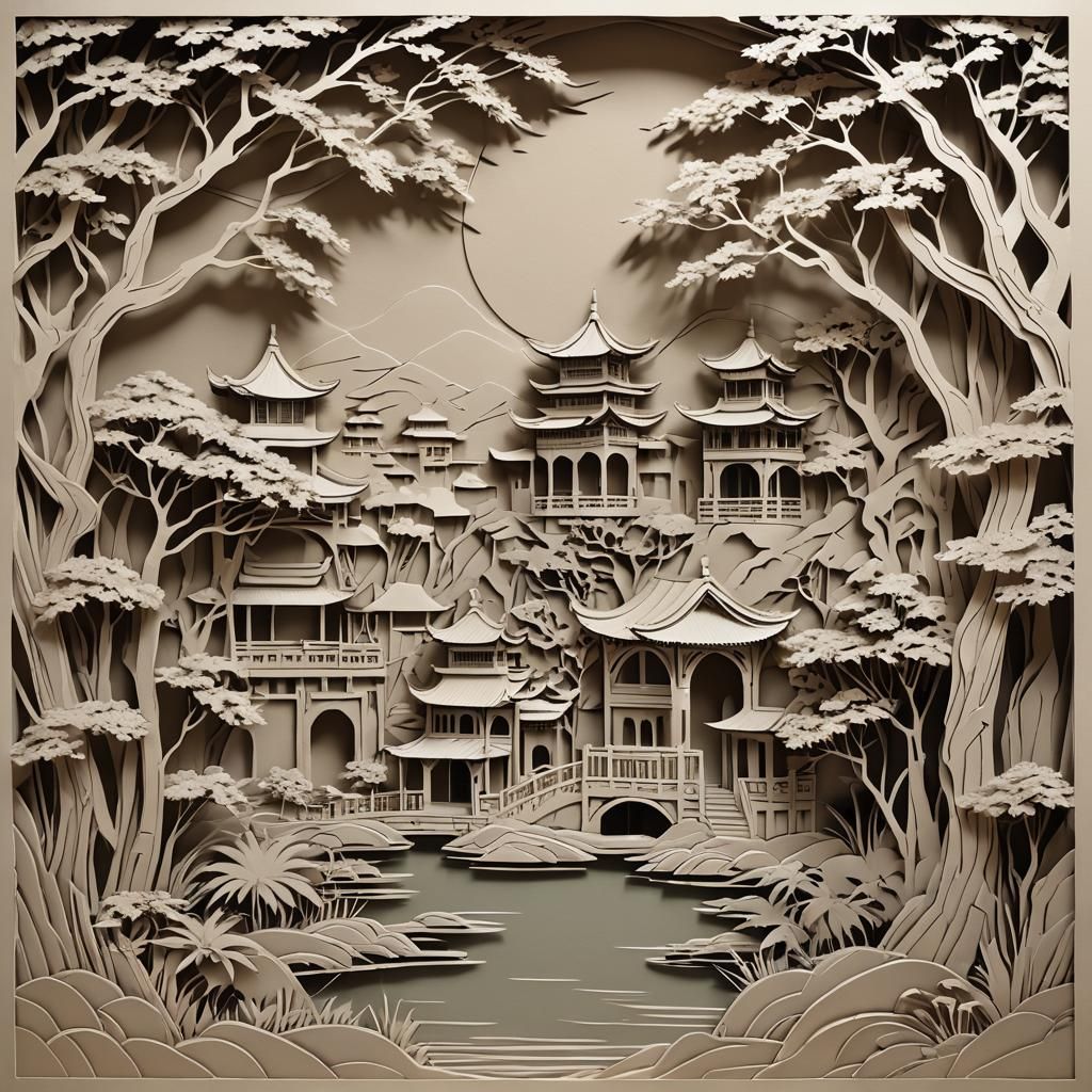 Oriental Scene in Cut and Folded Paper Bas-Relief