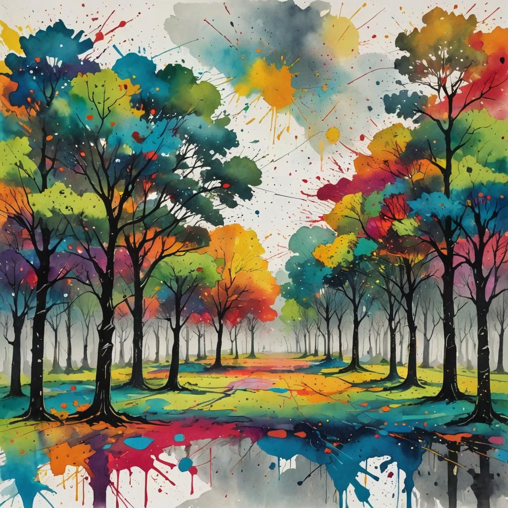 Colorful Ink Painting of Town Square in Mountains